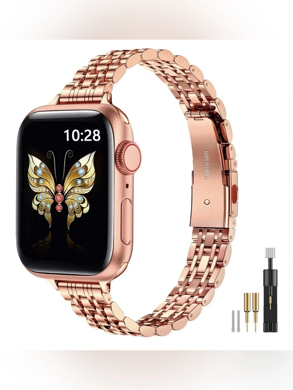 Rose Gold Stainless Steel Apple Watch Band 45mm Adjustable Metal Bracelet Strap